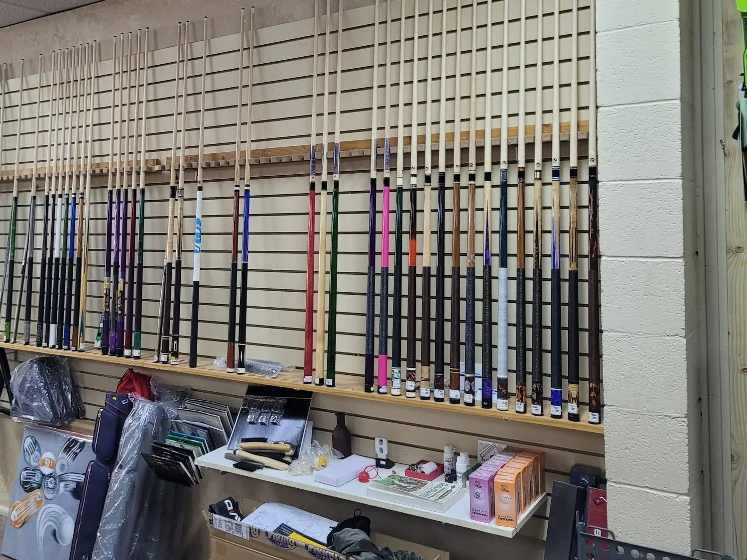 Pool cues in a rack, close up